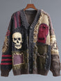 Unisex patchwork cardigan with skull and face graphics, V-neck and button front