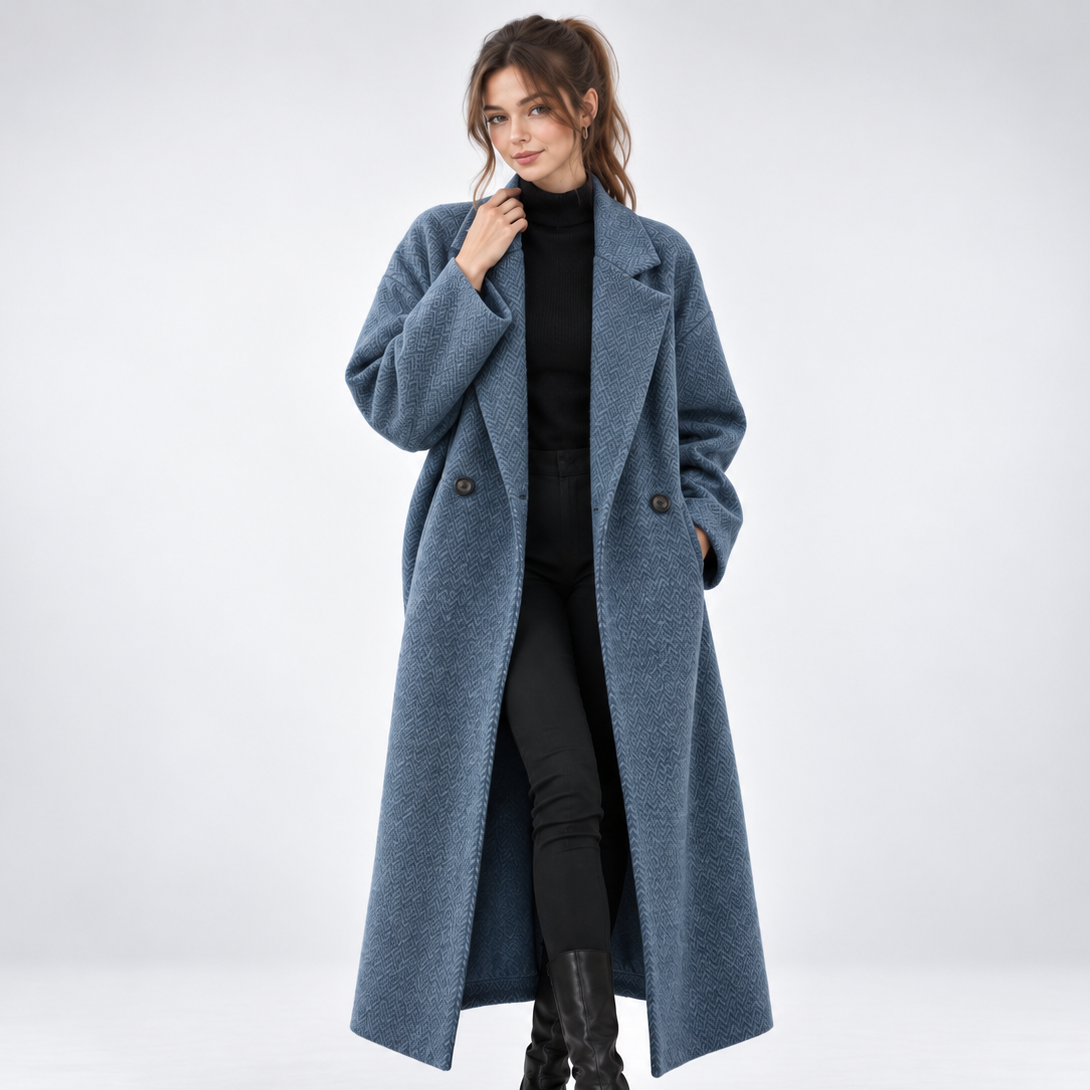Women's long geometric patterned coat with notched lapels and button fastening