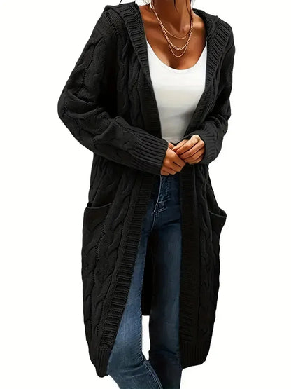 Women's longline textured open cardigan with long sleeves and side pockets