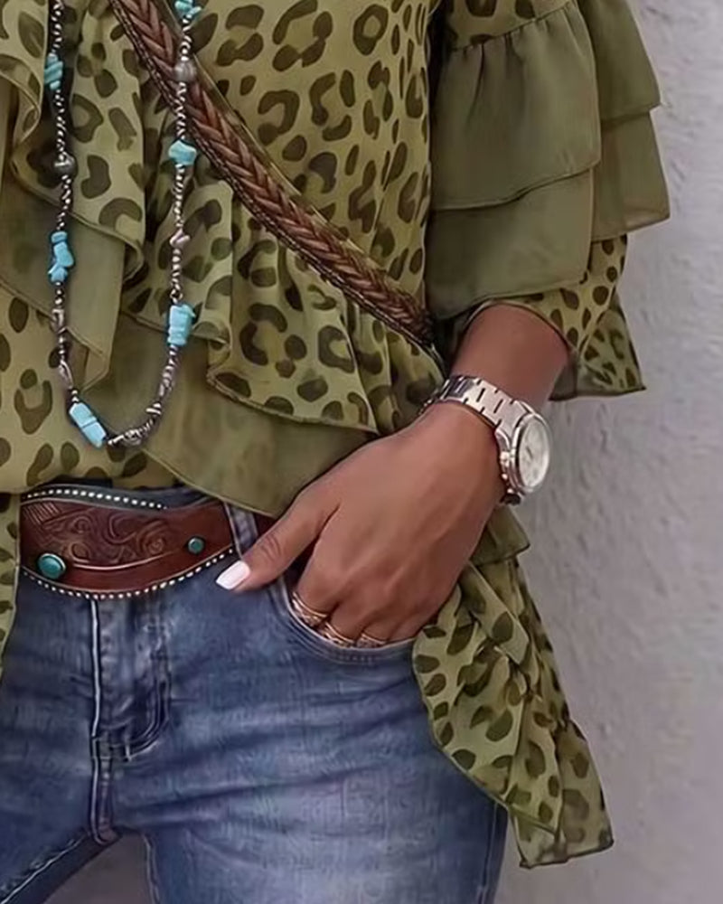 Women's olive green leopard print blouse with layered ruffles and V-neck
