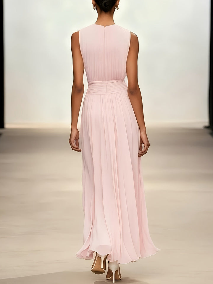 Women's Chiffon Midi Dress — Draped-Waist Flowing Elegant Summer Dress