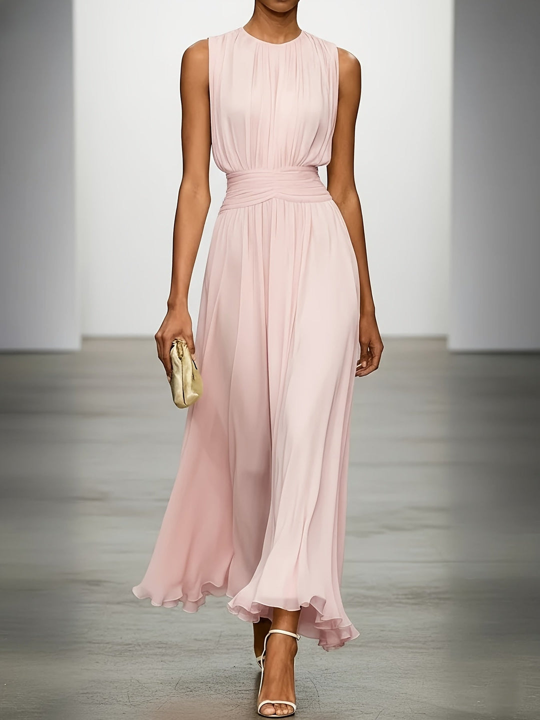 Women's Chiffon Midi Dress — Draped-Waist Flowing Elegant Summer Dress