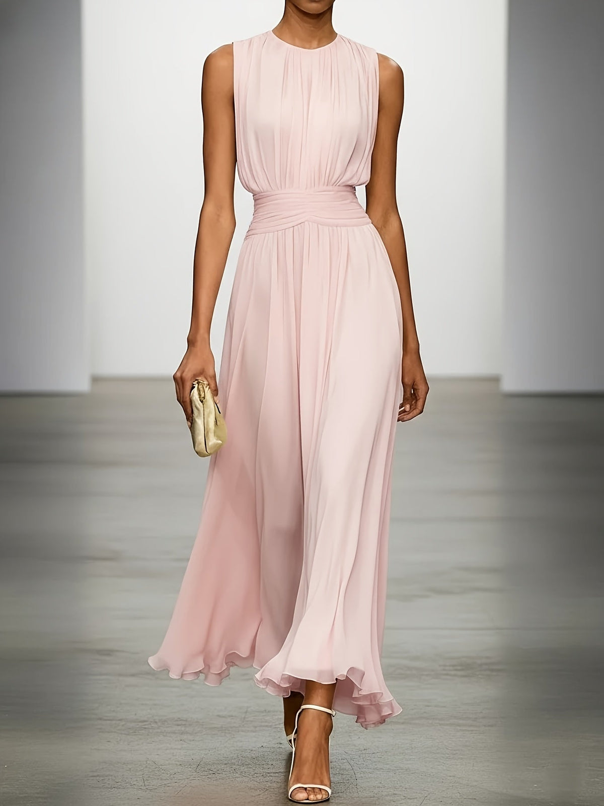 Women's Chiffon Midi Dress — Draped-Waist Flowing Elegant Summer Dress