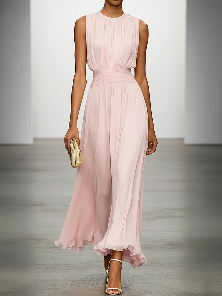 Women's Chiffon Midi Dress — Draped-Waist Flowing Elegant Summer Dress
