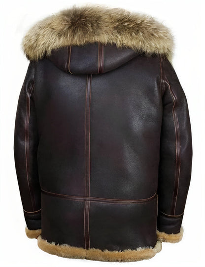 Men's dark brown hooded jacket with tan fur-look trim, toggle closures and zip pockets