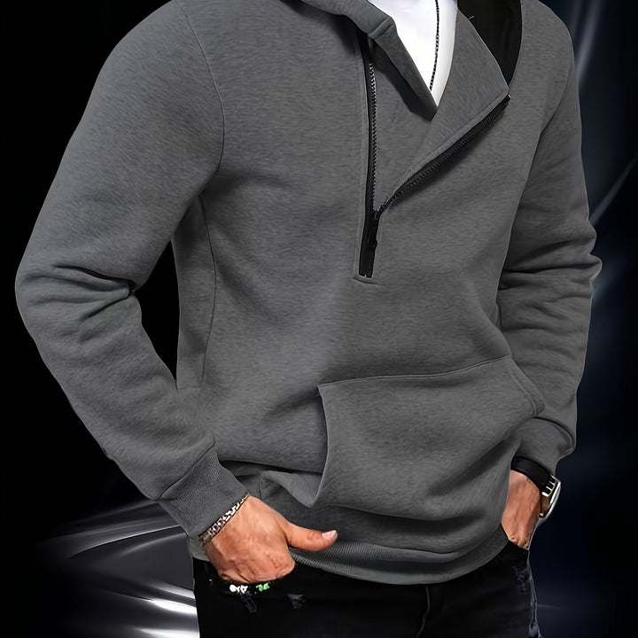 Men's hooded sweatshirt with diagonal zipper and kangaroo pocket