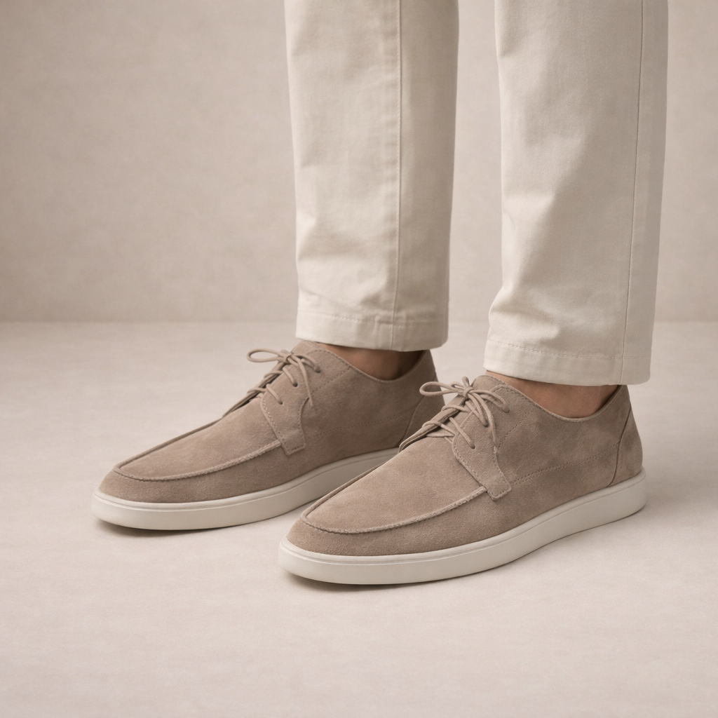 Men's lace-up loafers with moc toe stitching and flat sole