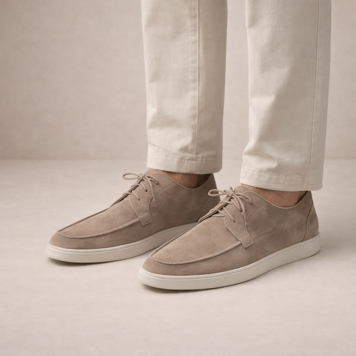 Men's lace-up loafers with moc toe stitching and flat sole