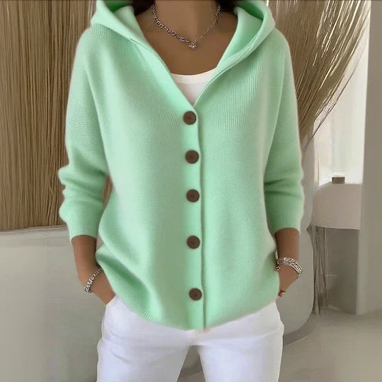 Women's hooded button cardigan with long sleeves and front pockets
