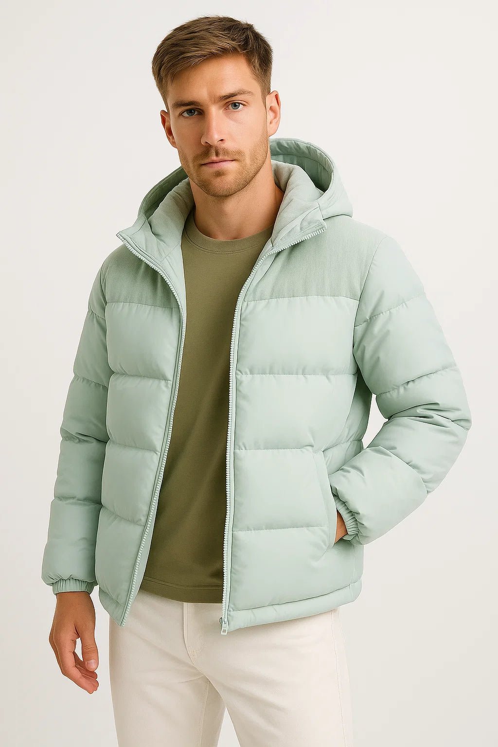 Men's hooded quilted puffer jacket with zip front and long sleeves