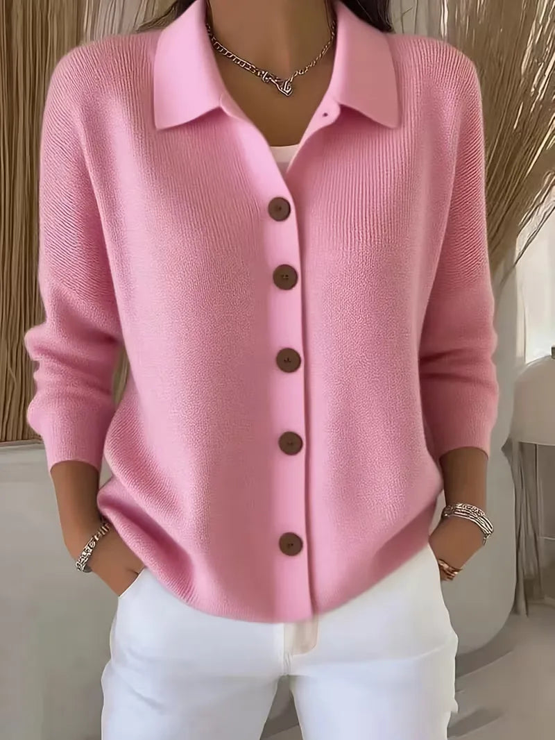 Women's textured button-front cardigan with pointed collar and long sleeves