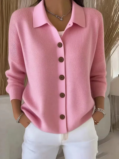 Women's textured button-front cardigan with pointed collar and long sleeves