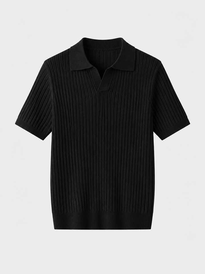 Ribbed knit polo shirt with short sleeves and spread collar