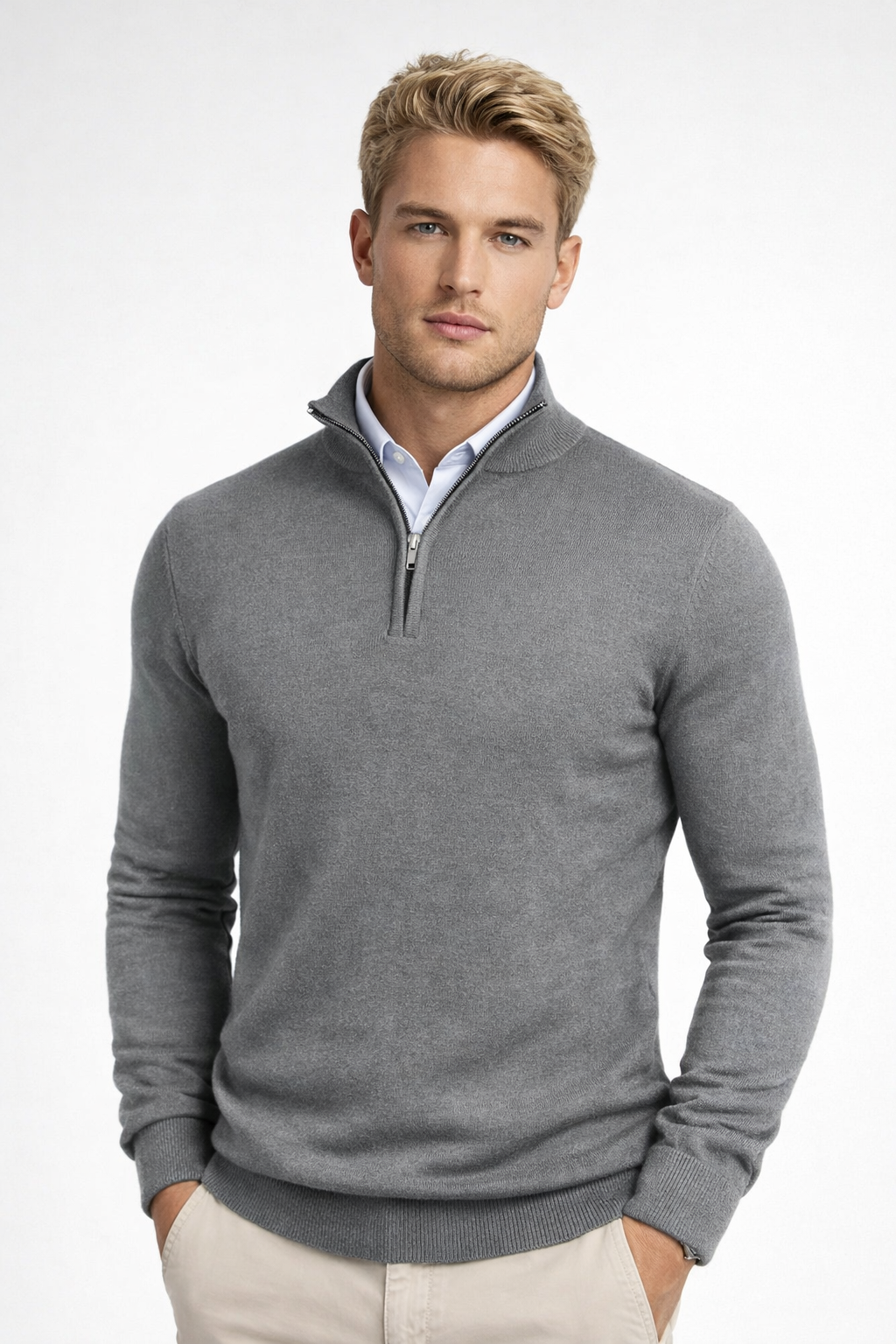 Men's half-zip sweater with mock neck and ribbed trims