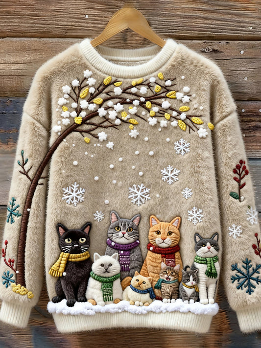 Beige crew-neck sweater with embroidered cats, snowflakes and tree branches