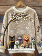 Beige crew-neck sweater with embroidered cats, snowflakes and tree branches