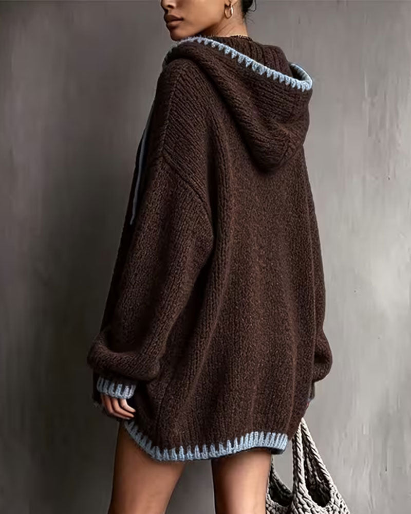 Women's brown hooded knit sweater dress with contrast trim and long sleeves