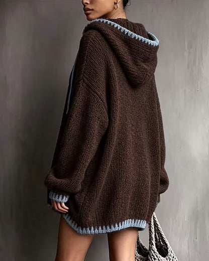Women's brown hooded knit sweater dress with contrast trim and long sleeves