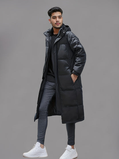 Men's black long hooded puffer coat with quilted panels and zip front