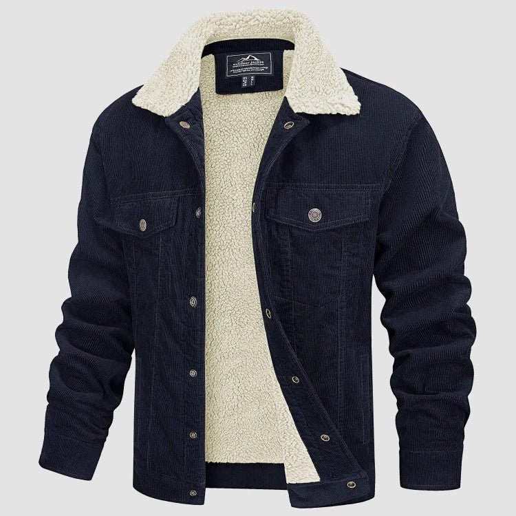 Men's ribbed jacket with sherpa lining, fold-down collar and button front