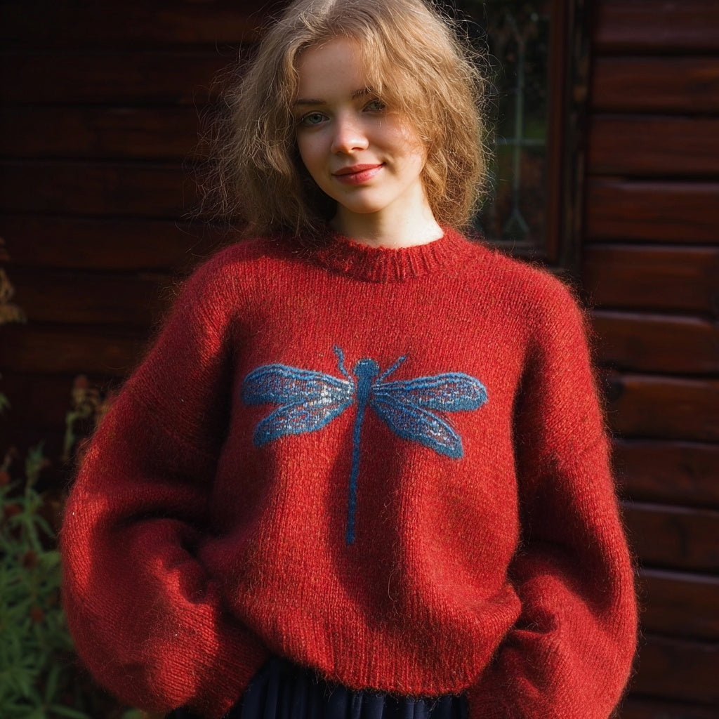 Women's red crew neck jumper with blue dragonfly motif and long sleeves