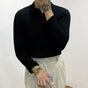 Men's long-sleeve ribbed polo sweater with collared neckline and button placket