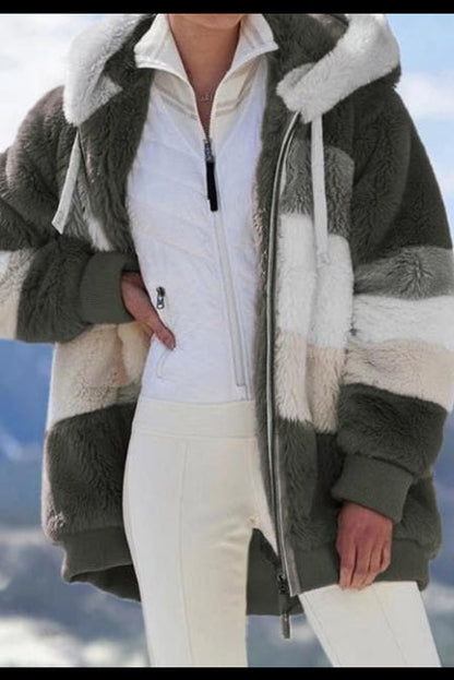 Women's color-block hooded zip hoodie with long sleeves and front pockets