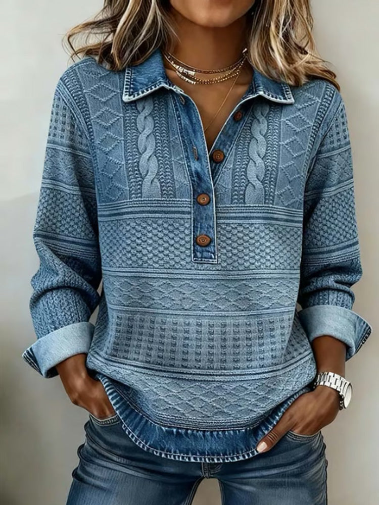 Women's blue textured knit jumper with collar, buttons and long sleeves