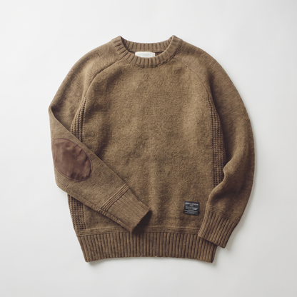 Textured crew neck knit sweater with contrasting elbow patches
