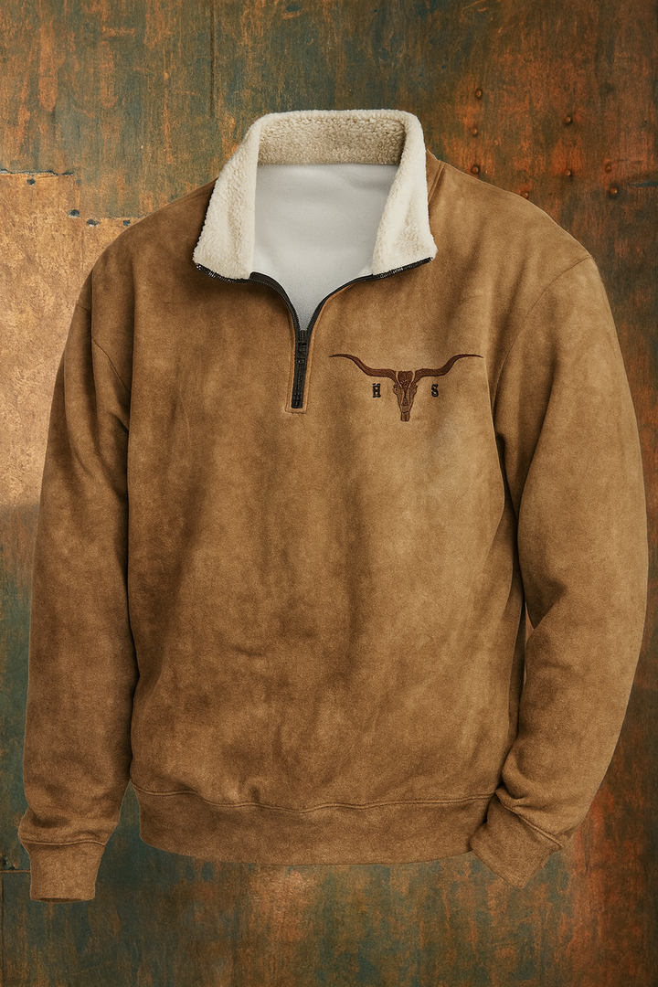Men's quarter-zip pullover with stand collar and western chest detail