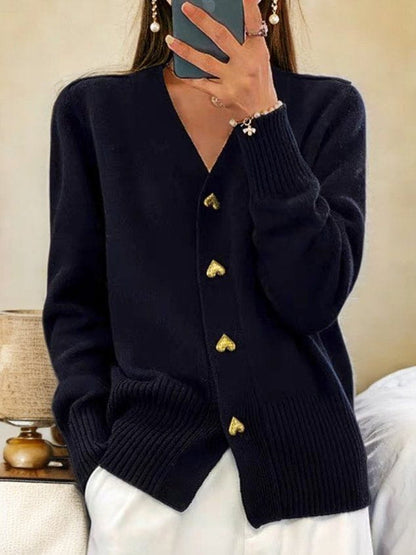 Women's V-neck knit cardigan with heart-shaped buttons and front pockets