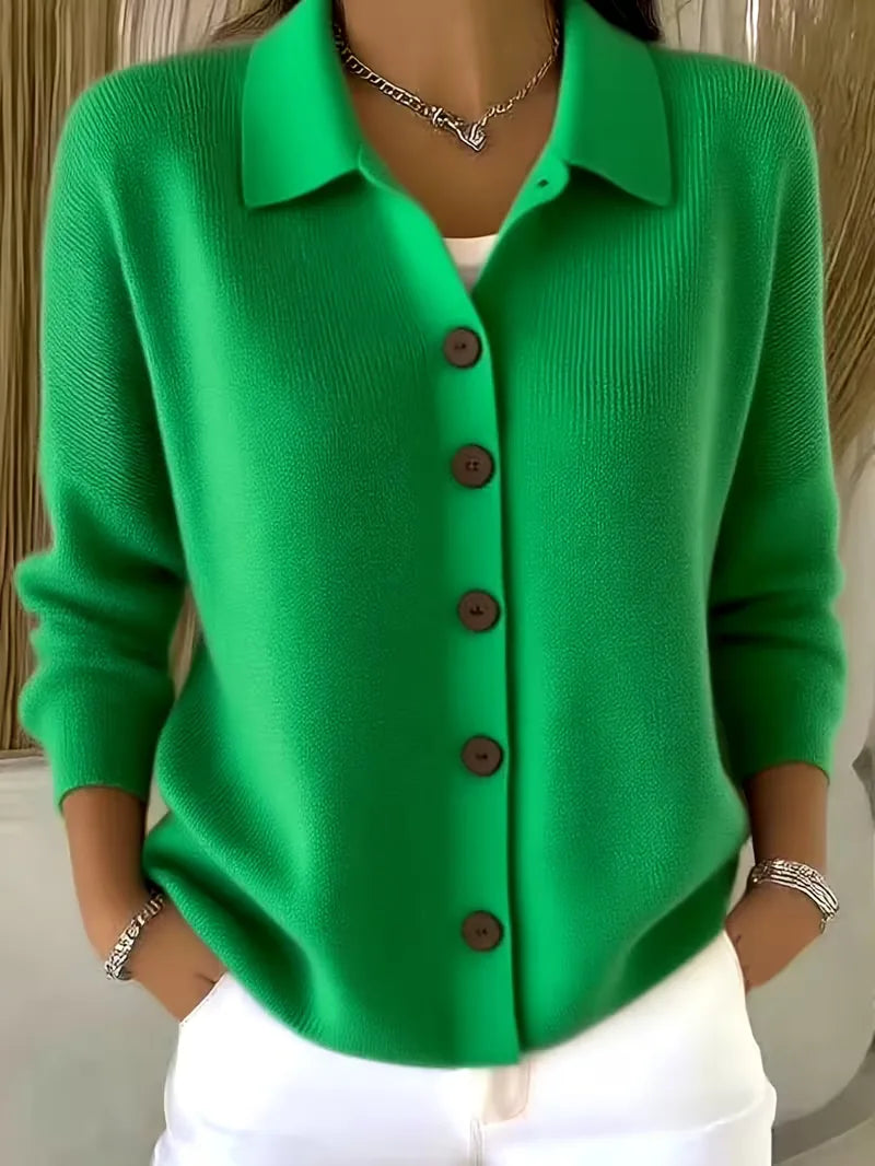 Women's textured button-front cardigan with pointed collar and long sleeves