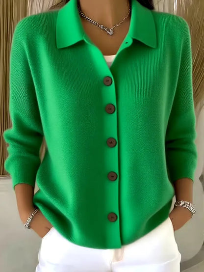 Women's textured button-front cardigan with pointed collar and long sleeves
