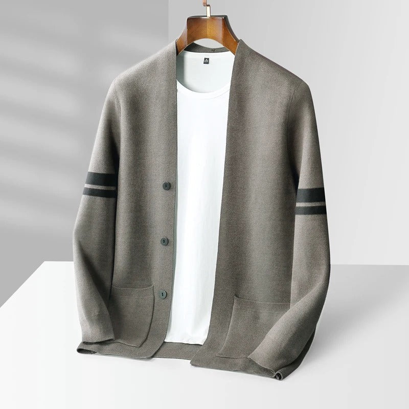Men's button-front cardigan with striped sleeves and patch pockets
