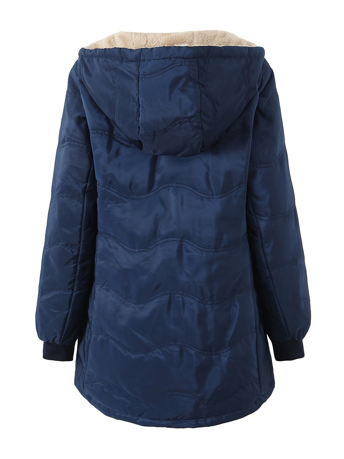 Women's long hooded quilted jacket with fleece-look lining and zip front