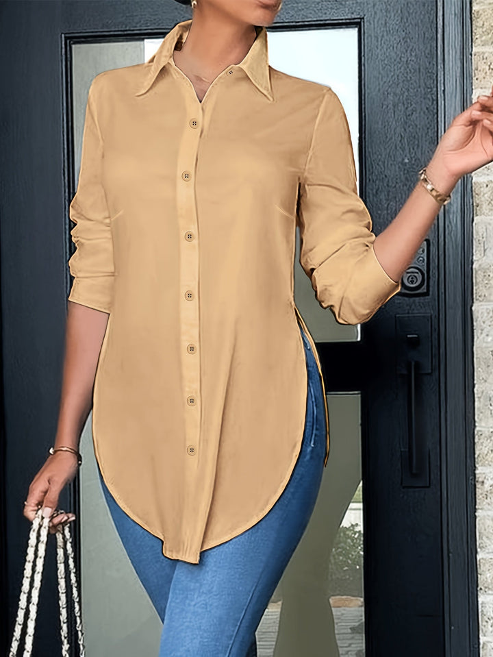 Women's Button-Up Blouse — Lapel Collar Long Sleeve Office Blouse