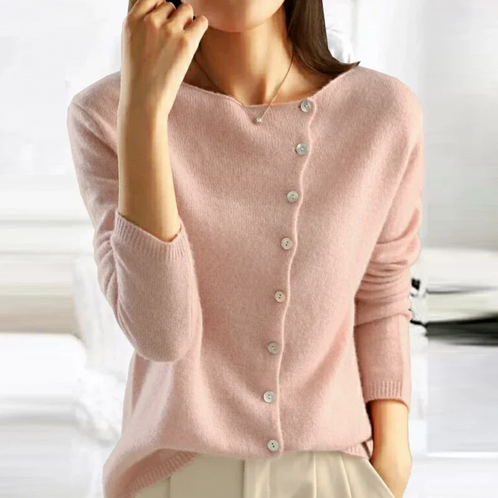 Women's plain knit button-front cardigan with round neck