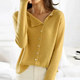 Women's plain knit button-front cardigan with round neck