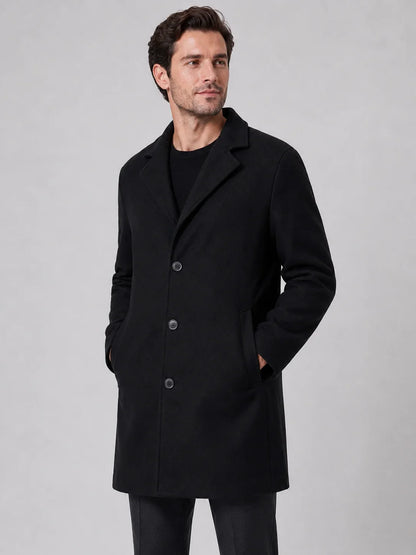 Men's single-breasted longline overcoat with notched lapels and button front