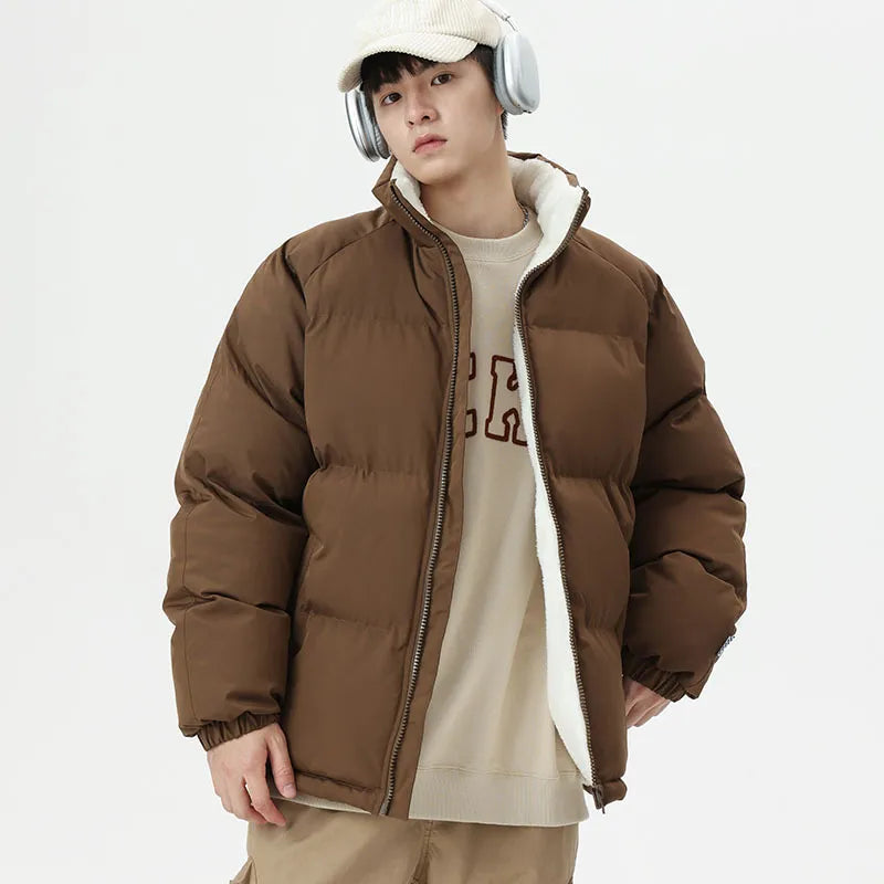 Men's padded jacket with fleece lining, stand collar and zip front