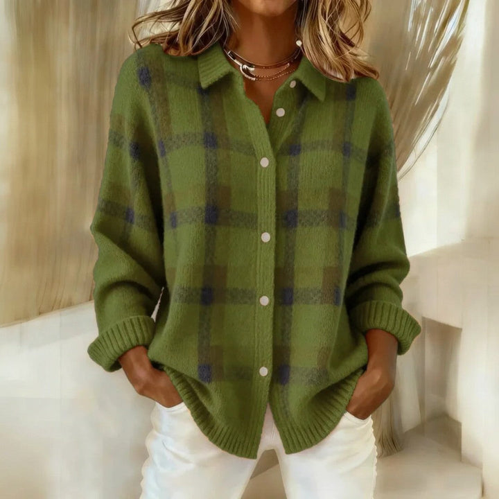 Women's checked collared button-front sweater with long sleeves