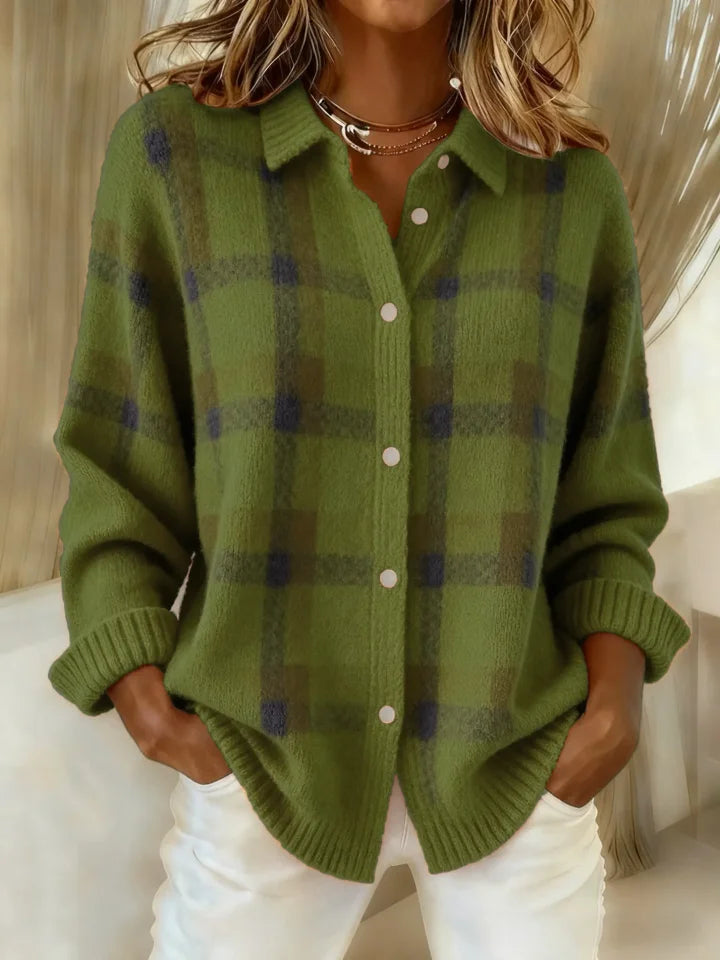 Women's checked button front shirt with collar and long sleeves