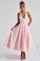 Women's halter midi dress with V-neckline and full A-line skirt in white and pale yellow