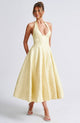 Women's halter midi dress with V-neckline and full A-line skirt in white and pale yellow