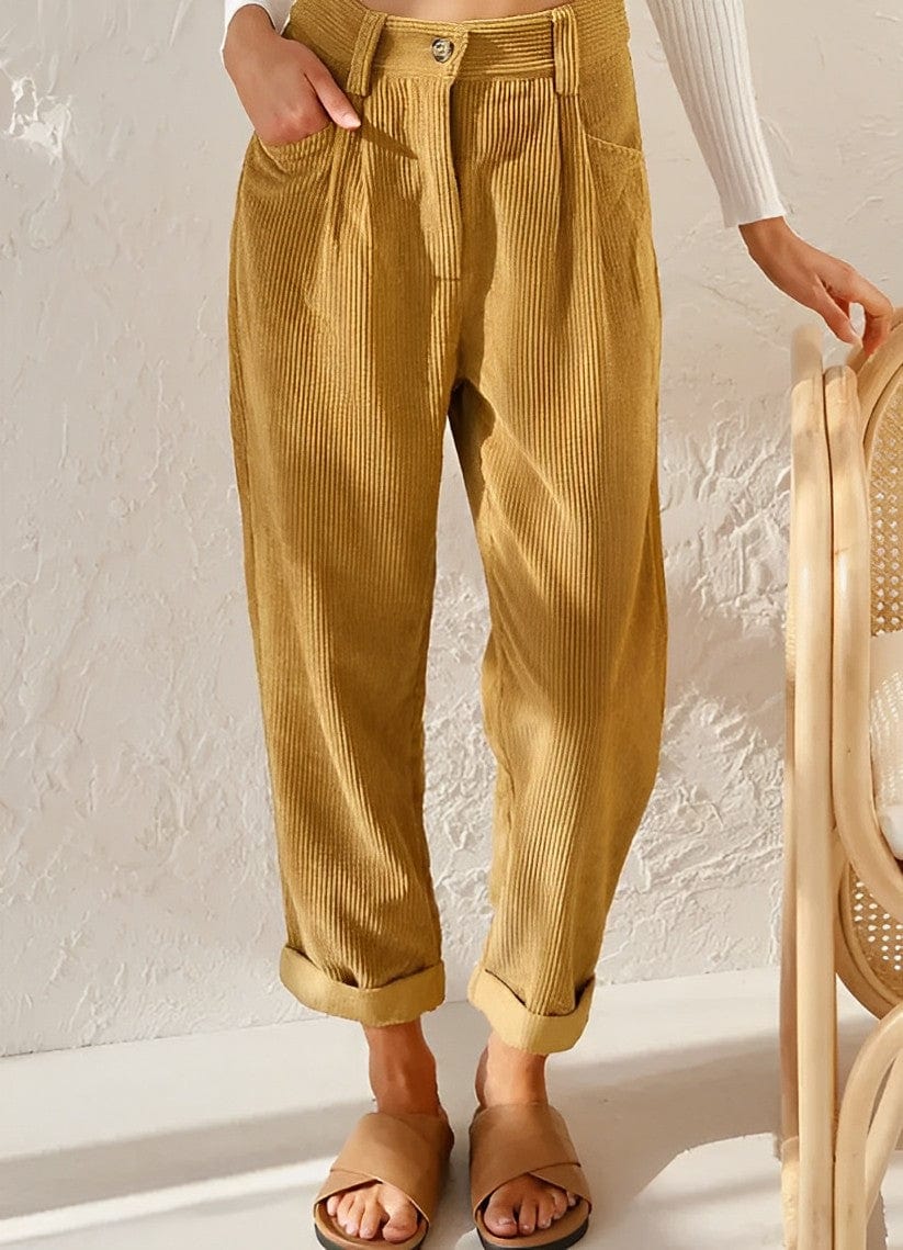 Women's high-waisted corduroy trousers with straight legs, side pockets and rolled ankle cuffs