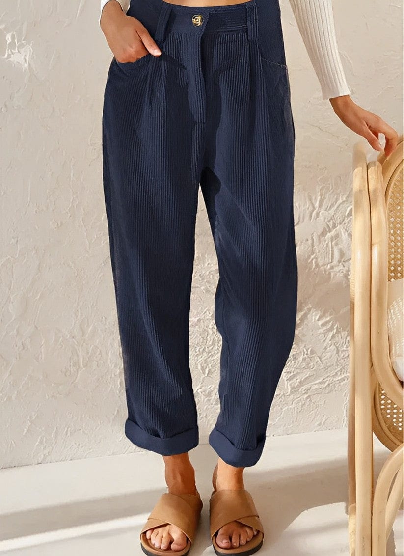 Women's high-waisted corduroy trousers with straight legs, side pockets and rolled ankle cuffs
