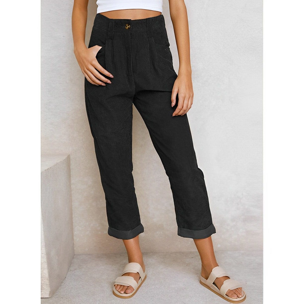 Women's high-waisted corduroy trousers with straight legs, side pockets and rolled ankle cuffs