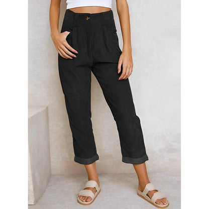 Women's high-waisted corduroy trousers with straight legs, side pockets and rolled ankle cuffs
