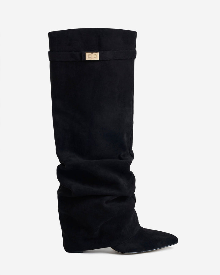 Women's black knee-high slouch boots with pointed toes
