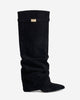Women's black knee-high slouch boots with pointed toes